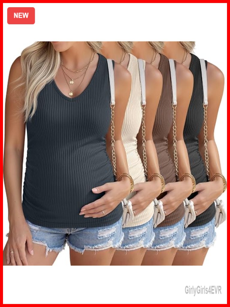 4pk Maternity Tanks V Neck Ribbed Sleeveless Side Ruched Pregnancy Tops